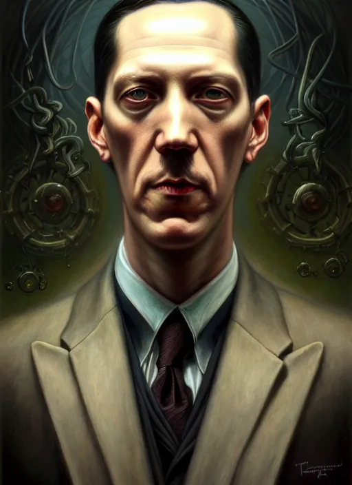 Image similar to portrait shot of h. p. lovecraft, intricate, elegant, highly detailed, centered, digital painting, artstation, concept art, smooth, sharp focus, illustration, artgerm, tomasz alen kopera, peter mohrbacher, donato giancola, joseph christian leyendecker, wlop, boris vallejo