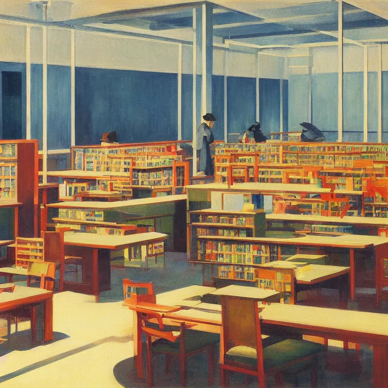 Prompt: Tama Art University Library interior, painted by Edward Hopper, painted by James Gilleard, airbrush