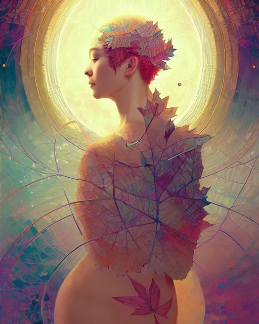 Prompt: harmony of the spheres, fractal crystal, fractal leaves, ( beauty portrait ) by wlop, james jean, victo ngai, beautifully lit, muted colors, highly detailed, fantasy art by craig mullins, thomas kinkade