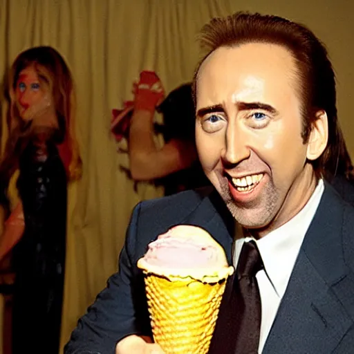 Image similar to nic cage excited about eating colorful ice creams