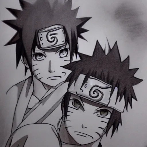 Prompt: Pencil drawing of Naruto and Sasuke