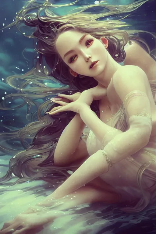 Image similar to full body underwater windy hair zero gravity floating seductive meditation goddess in the style of artgerm, wlop, greg rutkowski, alphonse mucha and ayami kojima, realistic details, volumetric lighting, very very very very beautiful symmetrical face, trending on artstation, artstationhd, artstationhq, unreal engine, 4 k, 8 k