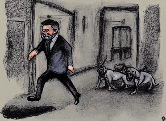 Image similar to Luis Inácio Lula da Silva with prison clothes, running scared from dogs, cartoon drawing