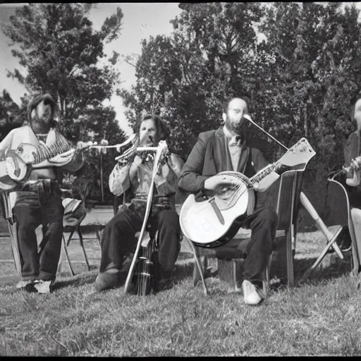 Prompt: band with banjo, guitar, mandolin, upright bass and fiddle around a single microphone by ansel adams