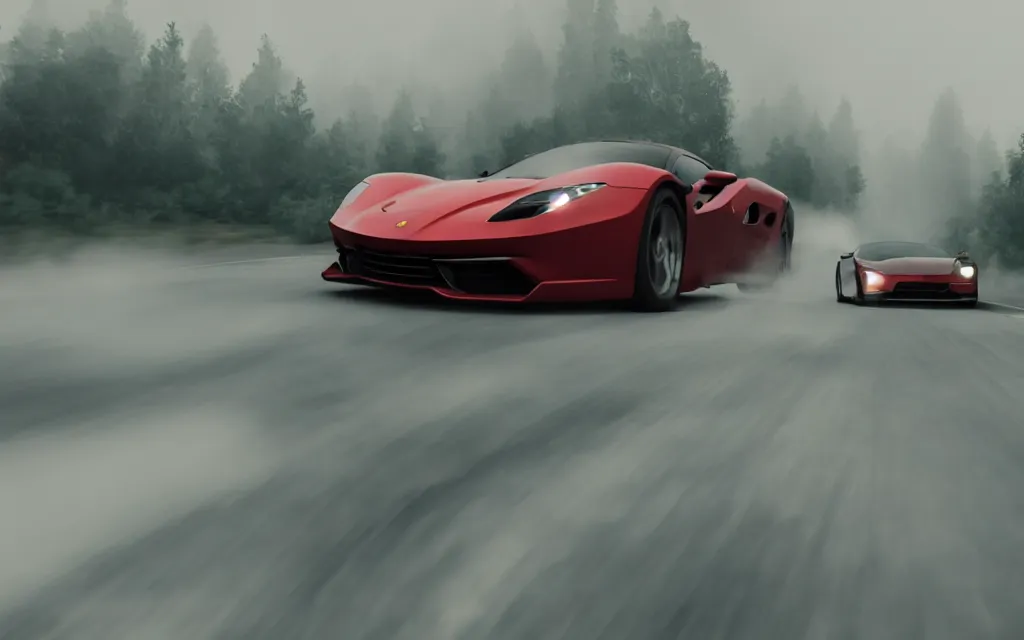 Image similar to a car going over seven thousand rmp, ford vs ferrari, atmospheric, mist, epic, photorealistic, realistic, rule of thirds, extremely detailed, 4 k, 8 k, unreal engine 5 render, rim lighting, rtx, ray traced lighting, shot on 3 5 mm, film grain, looking through a window frame