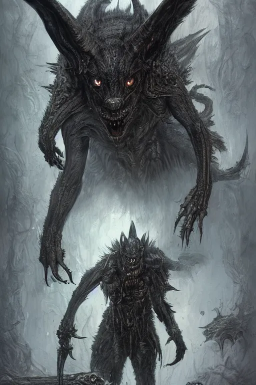 Image similar to portrait of a wolf ork bat hybrid by hr giger, greg rutkowski, luis royo and wayne barlowe as a diablo, resident evil, dark souls, bloodborne monster