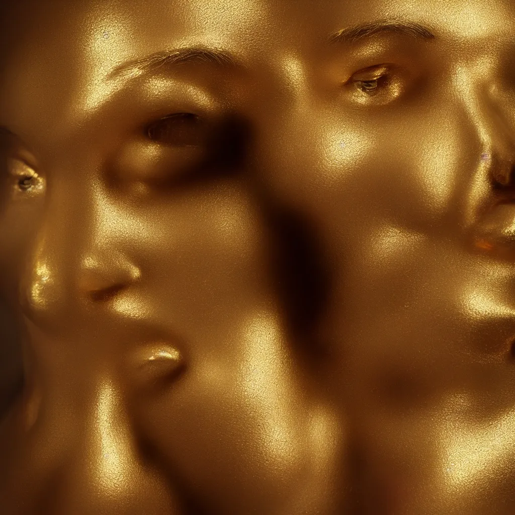 Prompt: human face made from gold ornaments, portrait, studio lightning, octane render, volumetric lighting, art by billelis, hyper detailed