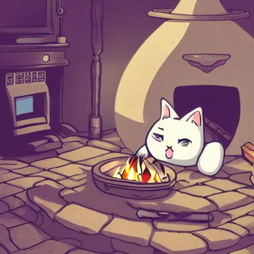 Image similar to Cat lying by the fire, anime, Kawaii, mcbess