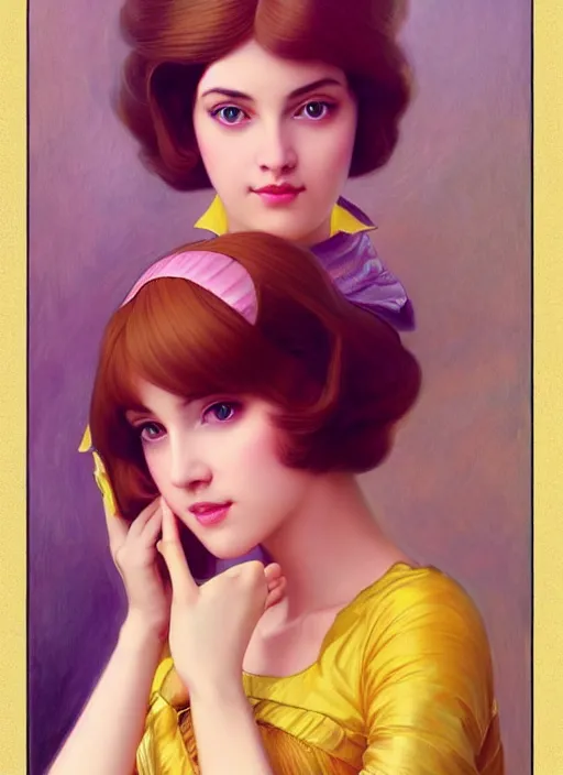 Image similar to princess peach, brown hair, bob cut, yellow highlights, bright purple ball gown, beautiful face, oil on canvas, art station, beautiful brown eyes, by j. c. leyendecker and edmund blair leighton and charlie bowater, beautiful face, octane, very aesthetic, stunning beautiful brown eyes