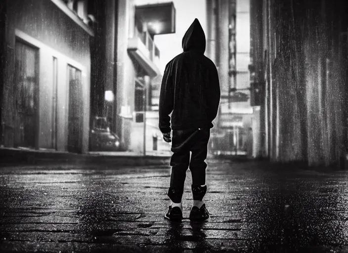 Image similar to boy from the back with a black hoodie and from the background an angel stares at him, empty city street at night, heavy rain, cars parked, dramatic lighting, cinematic, establishing shot, extremly high detail, photorealistic, cinematic lighting, epic fight scene, post processed