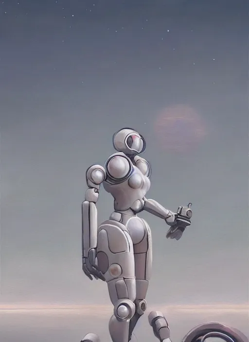 Prompt: a sensual oil painting of a giant pristine white humanoid feminine figure mecha with rounded components by simon stalenhag, inspired by nier automata, clean white lab background