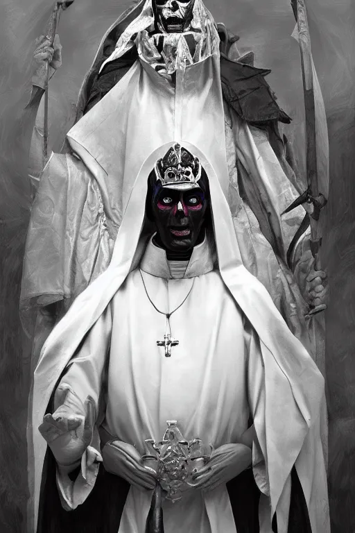 Prompt: portrait of an evil pope with black and white face paint plotting against humanity, ghost, Papa Emeritus, highly detailed, digital painting, artstation, concept art, sharp focus, illustration, art by artgerm and greg rutkowski and alphonse mucha