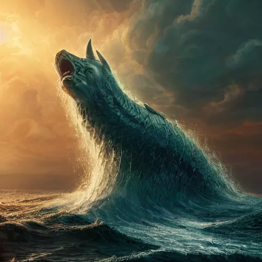 Prompt: gigantic, commanding menacing vengeful ancient god poseidon rising out of the ocean waters portrait, mysterious atmospheric lighting, painted, intricate, volumetric lighting, beautiful, rich deep colours masterpiece, golden hour, sharp focus, ultra detailed, by leesha hannigan, ross tran, thierry doizon, kai carpenter, ignacio fernandez rios