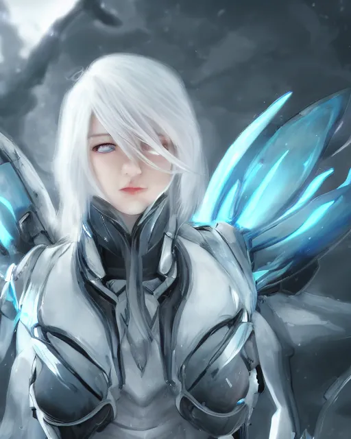 Image similar to perfect white haired girl, warframe armor, beautiful, dreamy, half asian, pretty face, blue eyes, detailed, windy weather, scifi platform, laboratory, experiment, 4 k, ultra realistic, epic lighting, cinematic, high detail, masterpiece, art by akihito tsukushi, akasuki voidstar