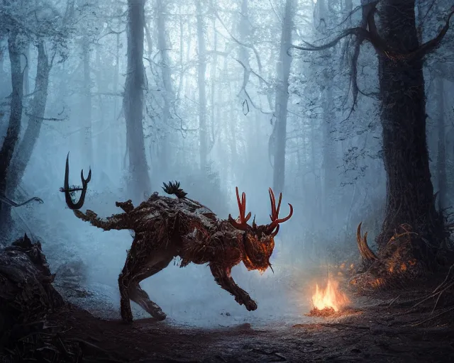 Prompt: 5 5 mm portrait photo of an armored demonic cat with antlers, in a magical forest. magical atmosphere. art by greg rutkowski. highly detailed 8 k. intricate. lifelike. soft light. nikon d 8 5 0.