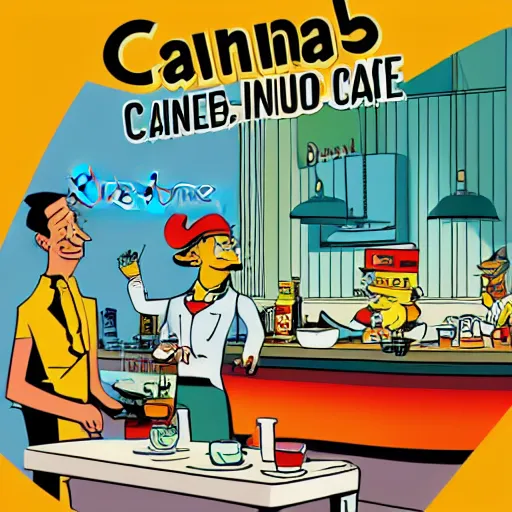 Image similar to cannabis cafe interior poster illustration isometric australian by darwyn cooke and dr. seuss, cute and funny cooking with cannabis, close up