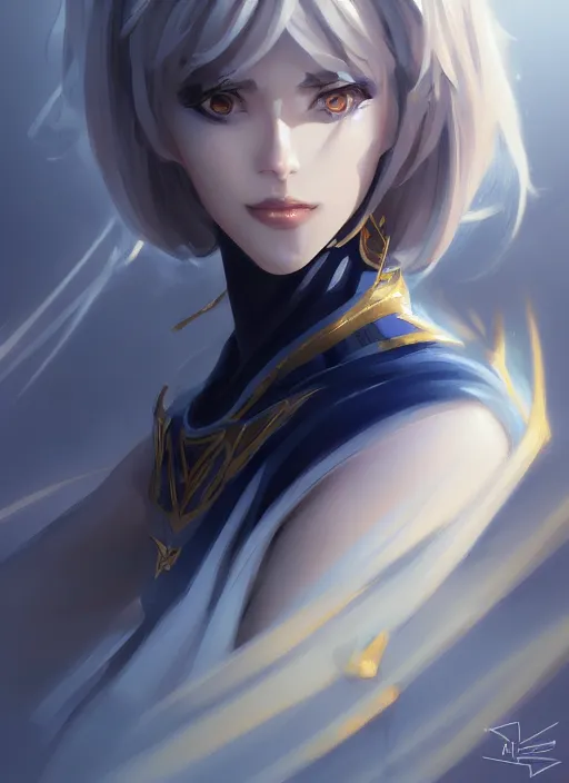 Prompt: beautiful and cool female dark magician, wide angle view, black, white, gold, blue colors, shiny, highly detailed, artgerm, cushart krenz, artstation, soft light, sharp focus, illustration, character design, concept art