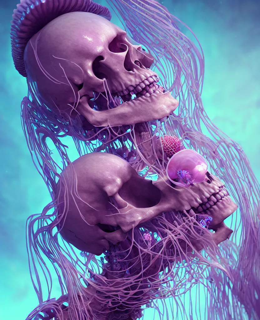 Image similar to goddess close - up portrait human skeleton, ram skull, jellyfish, orchid, betta fish, bioluminiscent, intricate artwork by tooth wu and wlop and beeple. octane render, trending on artstation, greg rutkowski very coherent symmetrical artwork. cinematic, hyper realism, high detail, octane render, 8 k