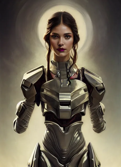 Prompt: glamorous native portrait, seductive eyes and face, elegant, lascivious pose, very detailed face, futuristic studio lighting, photorealism, wearing Forerunner armor from Halo portrait by Magali Villeneuve and Steve Argyle,Livia Prima,Mucha,dress,fantasy art,beautiful,artstation,trending on artstation,intricate details,alluring,masterpiece