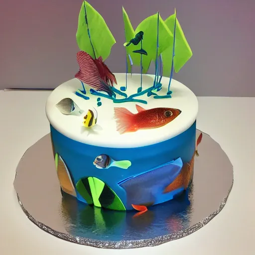 Image similar to fish themed birthday cake, food photography, michelin star,