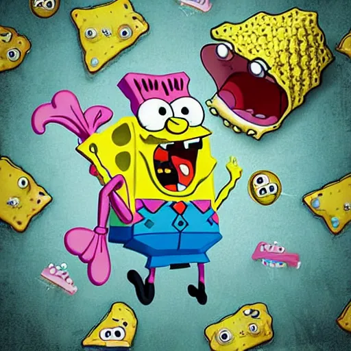 Prompt: spongebob squarepants, evil!!!!!!! sharp teeth, horror, realistic, studio photo