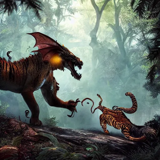 Image similar to a dragon and a tiger hybrid in the forest, dynamic lighting, photorealistic concept art, stunning visuals, creative, cinematic, ultra detailed, best detail