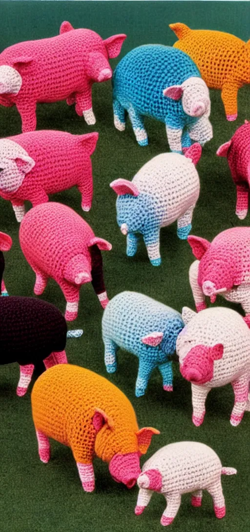 Image similar to multicolored crocheted pigs, 1 9 8 0 s catalogue photo