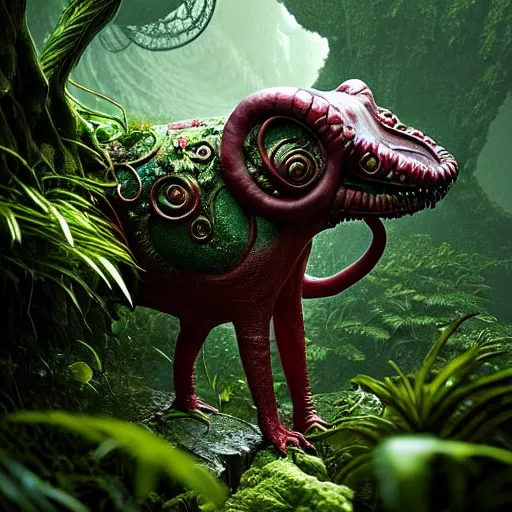 Image similar to creature in a lush trunda vegetation, snow : : by michal karcz, daniel merriam, victo ngai and guillermo del toro : : ornate, dynamic, particulate, intricate, elegant, highly detailed, centered, artstation, smooth, sharp focus, octane render, 3 d