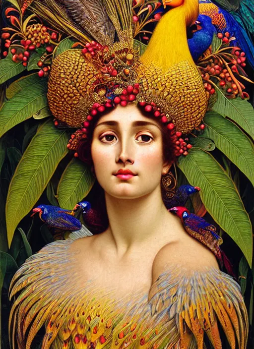 Image similar to hyperrealistic detailed face portrait of the beautiful goddess of the golden pheasants with an intricate headgear of golden pheasant, red berries, leaves, field flowers, pears, apples, art by ernst haeckel, john william godward, android jones, alphonso mucha, h. r. giger, gothic - cyberpunk, ornamental, beautiful deep colours,