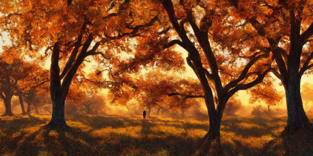 Image similar to a beautiful, stunning landscape with giant oak trees in the fall during sunset by craig mullins