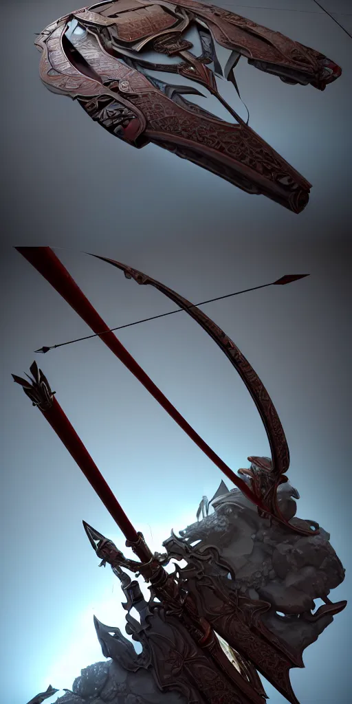 Image similar to a beautiful delicate huge mega bow and arrow weapon, solid background, electron flow, android, mechanical, metal, weapon design, fine texture structure, hyper detailed, perfect shadows, atmospheric lighting, 3 d render, in the style of pascal blanche and sparth juan zigor samaniego, paul pepera pablo roldan, displayed in the exhibition hall, 4 k hd