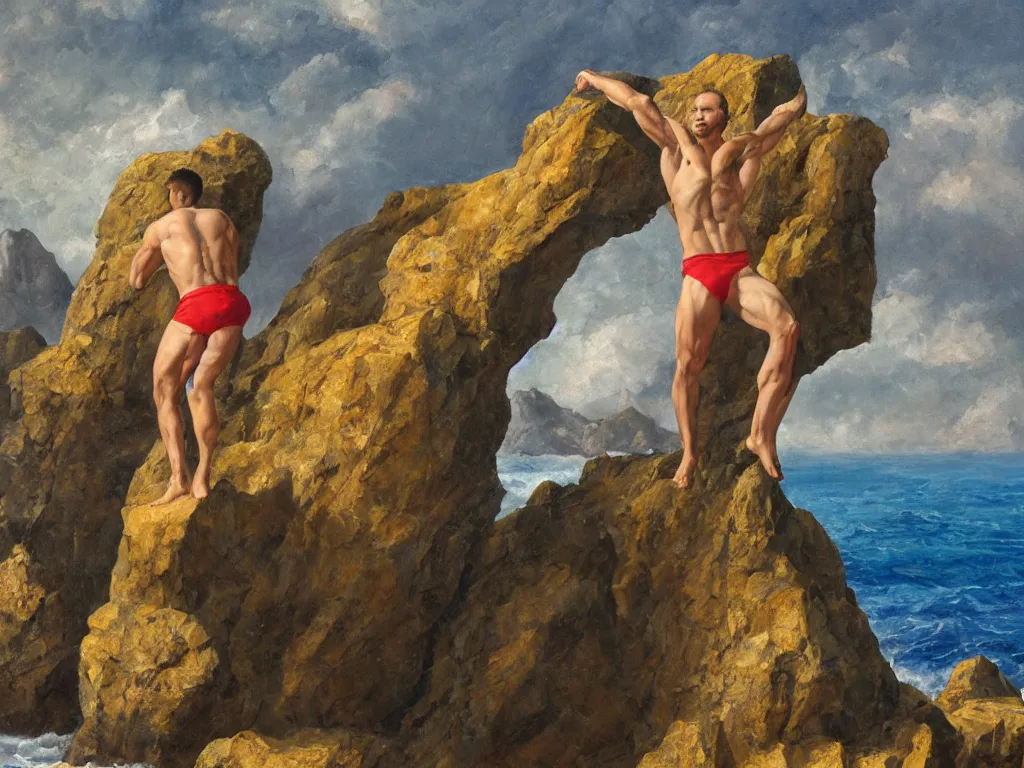 Prompt: rock cliff mountain with attached strong arms standing on muscly legs in speedos in the middle of the ocean, religious portrait lighting, oil painting 3d rendering