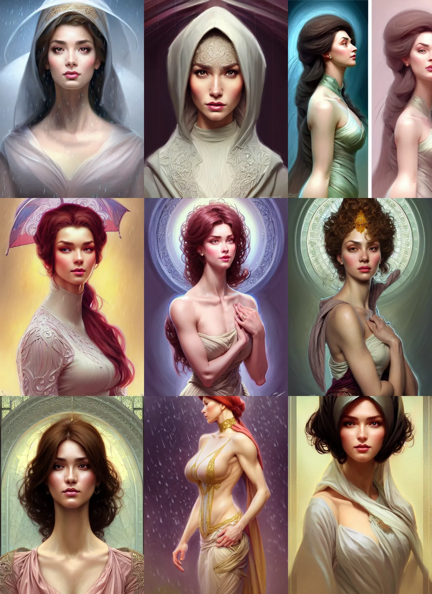 Prompt: character concept portrait of me as modest wife blessed by god to grow ever - more intelligent beautiful voluminous muscular tall healthy and alive. modestly clothed, in the rain, intricate, elegant, highly detailed, digital painting, artstation, concept art, symmetry, smooth, sharp focus, illustration, art by artgerm and rutkowski and mucha