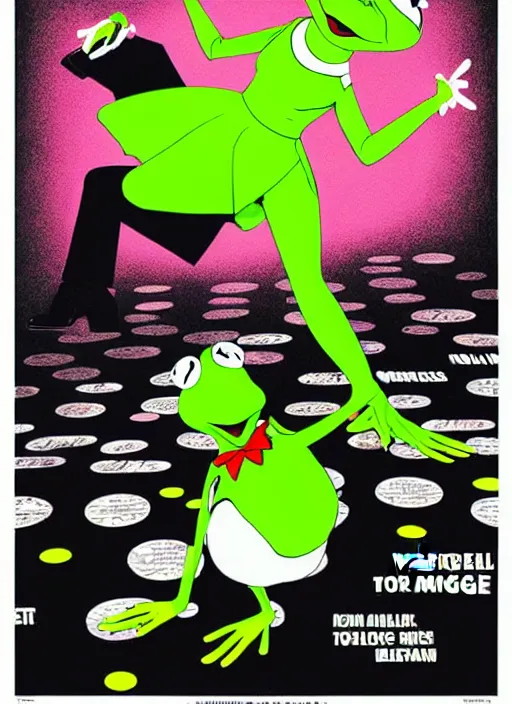 Prompt: poster artwork by Michael Whelan and Tomer Hanuka of Kermit the Frog and Miss Piggy doing the twist dance scene from the movie Pulp Fiction, pop art poster, black and white realistic photo, poster artwork by Michael Whelan and Tomer Hanuka