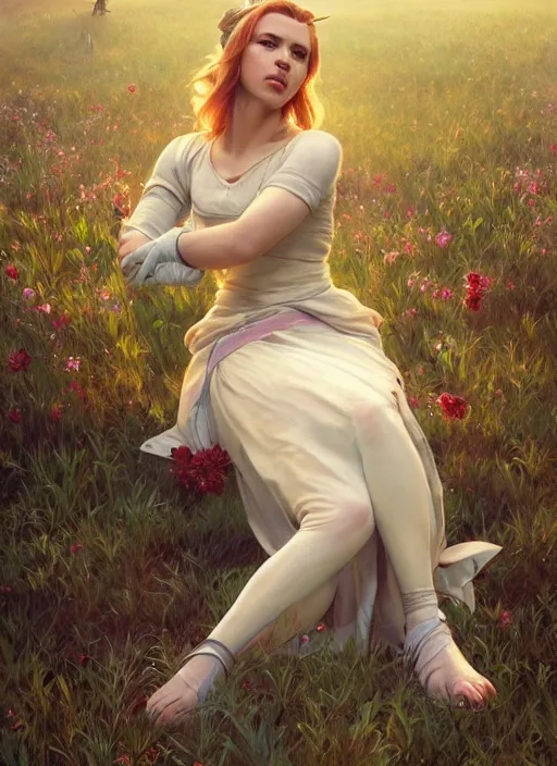 Image similar to Scarlett Johansson as a elf on a beutiful meadow, afternoon, art by Artgerm and Greg Rutkowski and Alphonse Mucha, DAZ, hyperrealistic, ambient light, dynamic light