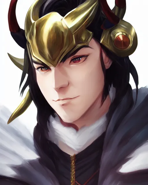 Image similar to anime portrait of Loki as an anime man by Stanley Artgerm Lau, WLOP, Rossdraws, James Jean, Andrei Riabovitchev, Marc Simonetti, and Sakimichan, trending on artstation