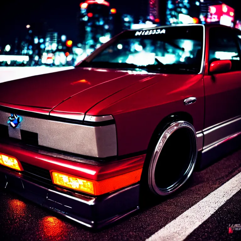 Image similar to close-up-photo Nissan Cefiro turbo illegal roadside meet photos, work-wheels, Shibuya Shibuya, cinematic colors, photorealistic, highly detailed, night photography