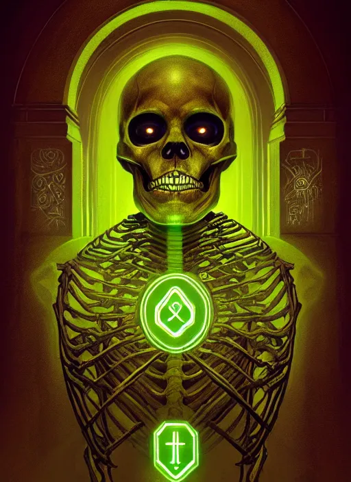 Prompt: portrait of a cyber skeleton, writing ancient evil runes with glowing green ink in a grand ancient book, intricate, elegant, glowing lights, highly detailed, digital painting, artstation, concept art, smooth, sharp focus, illustration, art by wlop, mars ravelo and greg rutkowski