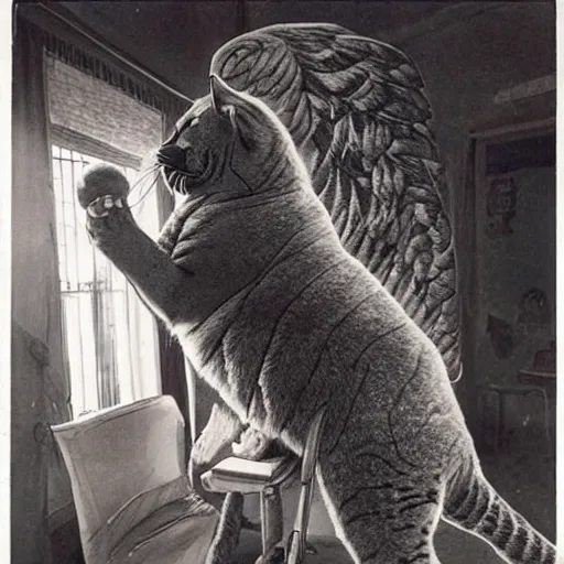 Prompt: Footage of a big tall cat with wings on the backrooms, highly detailed, surrealist, weird, strange, uncanny, odd