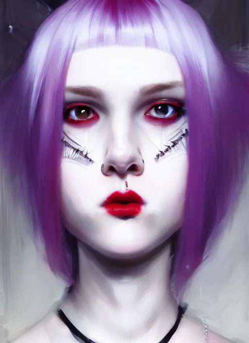 Image similar to portrait of white teenage girl, normal face, white bangs, mall goth, cyberlox, black and white hair, bangs, fluffy bangs, red contact lenses, purple lipstick, intricate, elegant, highly detailed, digital painting, artstation, concept art, sharp focus, smooth, illustration, art by wlop, mars ravelo and greg rutkowski