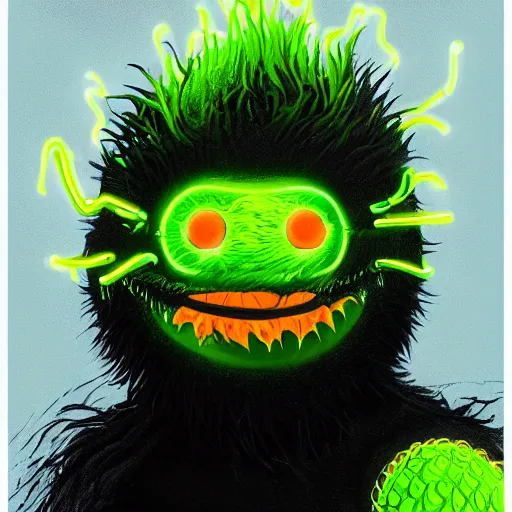 Prompt: a tennis ball monster starring into the camera, fixed eyes, flowing black coat with glowing neon orange trim, inside a museum, colorful, surreal, dramatic lighting, face, detailed, intricate, elegant, highly detailed, digital painting, artstation, chalk, concept art, smooth, sharp focus, illustration, art by basil gogos and sam pratt