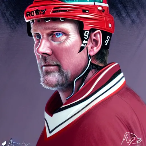 Image similar to beautiful portrait of Patrick Roy as a hockey coach, fantasy, intricate, elegant, highly detailed, digital painting, artstation, concept art, smooth, sharp focus, luxury fashion illustration, art by artgerm and greg rutkowski and alphonse mucha, brightly lit cinematic soft lighting, photorealistic