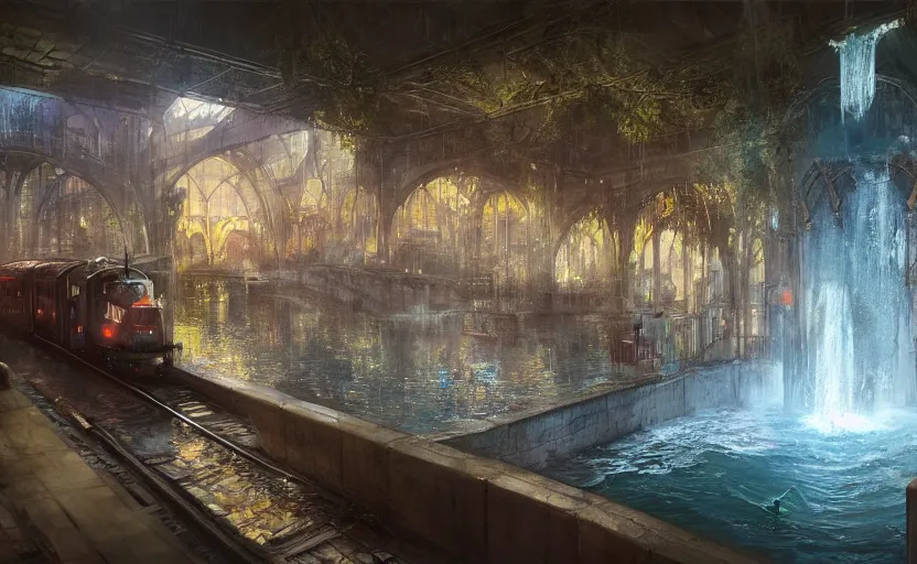 Prompt: An urban train rides inside of a waterway on a fantasy city, next to a fountain and a mystical palace, waterfall, intricate, elegant, volumetric lighting, digital painting, highly detailed, artstation, sharp focus, illustration, concept art, ruan jia, steve mccurry