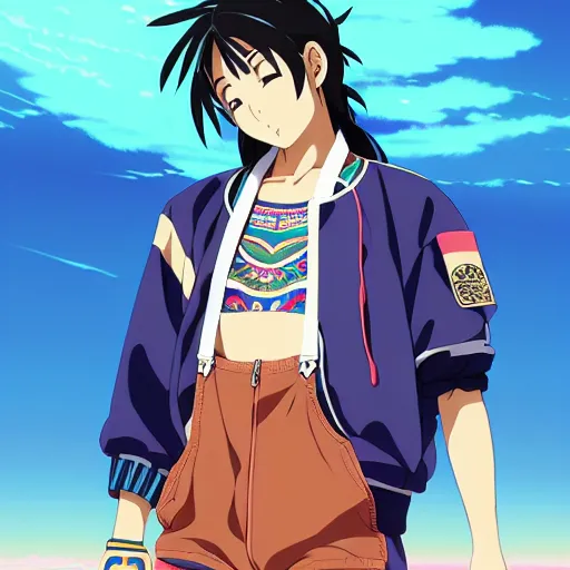 Image similar to a beautiful mayan anime boy gravure model, wearing oversized native designer bomber jacket and leotard with overalls, bulky poofy bomber jacket with mesoamerican patterns, mesoamerican native street fashion, gapmoe yandere grimdark, trending on pixiv fanbox, painted by greg rutkowski makoto shinkai takashi takeuchi studio ghibli, akihiko yoshida