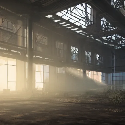 Prompt: abandoned industrial factory interior, volumetric light scattering, dustlight, god rays, dust, digital art, trending on artstation