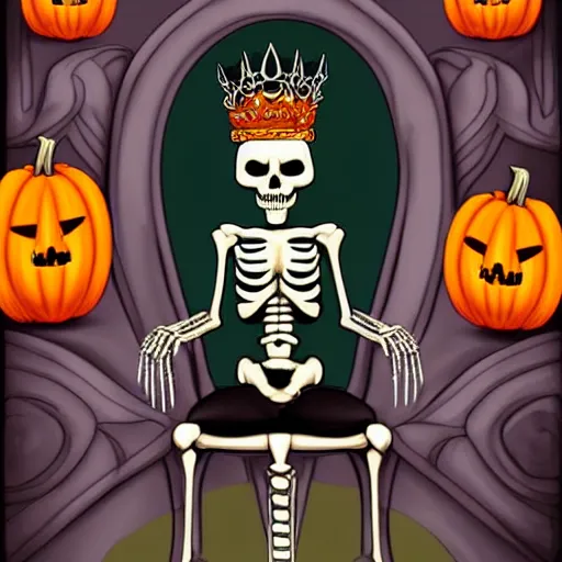 Prompt: a skeleton in a crown sitting on a chair surrounded by pumpkins, a storybook illustration by anne stokes, featured on deviantart, gothic art, behance hd, creepypasta, 2 d game art