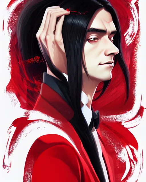 Prompt: digital illustration portrait of a handsome gothic mam, long black hair, wearing a red suit, by ilya kuvshinov, lois van baarle, rossdraws, basquiat