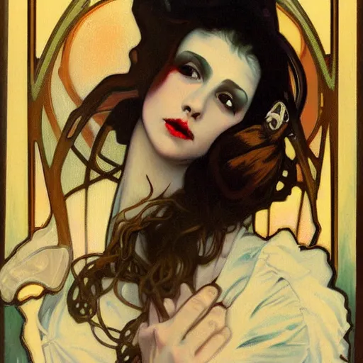 Image similar to A beautiful painting of a lady vampire, victorian, dracula, ominous, oil on canvas, photorealism, alphonse mucha, irwin penn, high definition, soft light