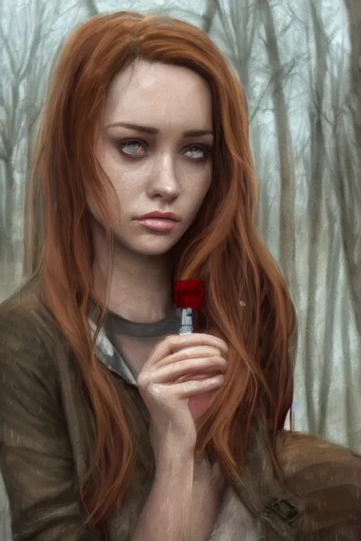 Prompt: tv scene of rachel amber from life is strange standing in a graveyard in the rain, blonde hair, red checker shirt, tired emotion, tearful eyes, highly detailed, sharp focused, ultra realistic digital concept art by Alyssa Monks, Charlie Bowater