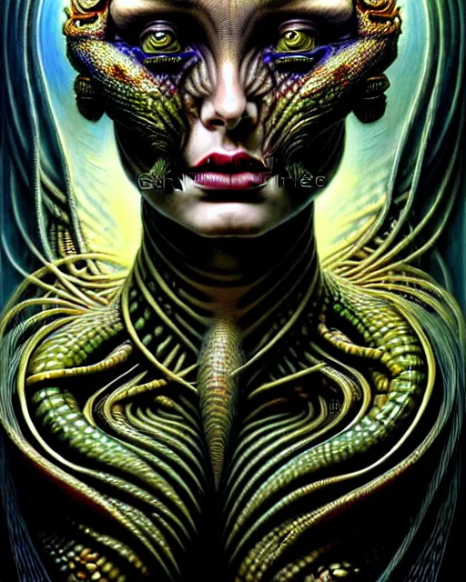 Image similar to single face portrait. complex hyper-maximalist overdetailed cinematic cosmic scifi portrait of an elegant very attractive but wild and dangerous humanoid reptilian goddess by andrei riabovitchev, tomasz alen kopera, oleksandra shchaslyva. Omnious intricate. Secessionist portrait illustration. Poison goddes. Slightly influenced by giger. Zerg human hybrid goddes. Unreal engine 5. Focus on face. Artstation. Deviantart. 8k 4k 64megapixel. Cosmic horror style. Rendered by binx.ly.